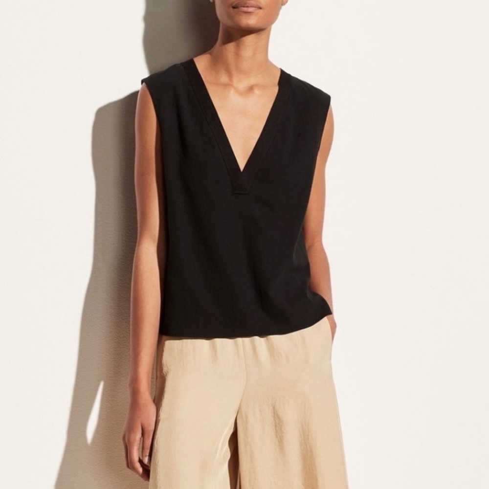 Vince Black Double V Neck Sleeveless Cotton Top MED - Picture 16 of 16